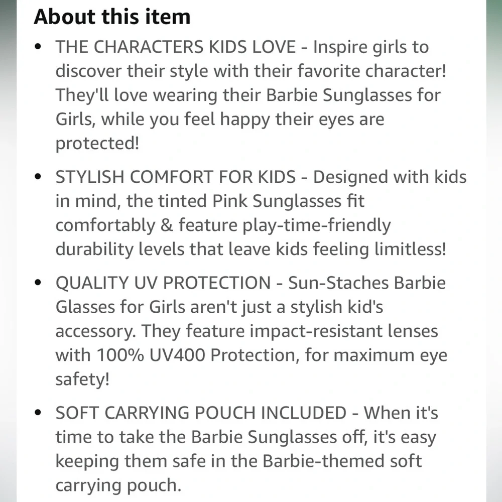 NWT Barbie Pink Tinted Glitter Girl’s Sunglasses